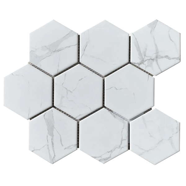 4" Hexagon Porcelain Glazed Statuario Satin Mosaic Tile