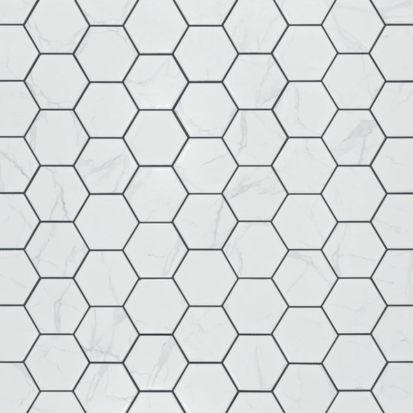 4" Hexagon Porcelain Glazed Statuario Satin Mosaic Tile