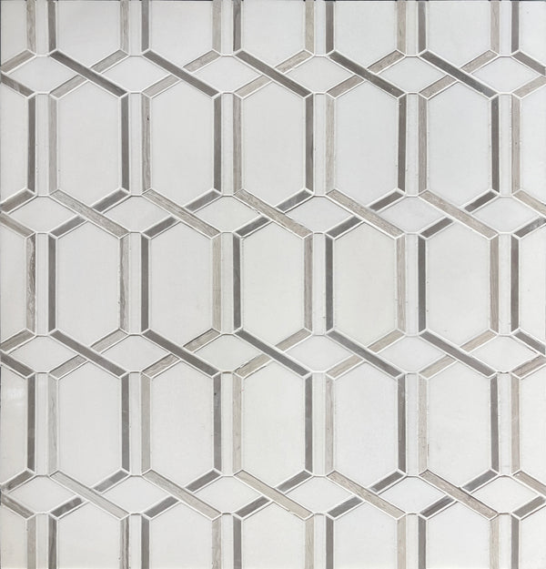 Wooden White with Athens Gray and Thassos Geometric Waterjet Mosaic Tile