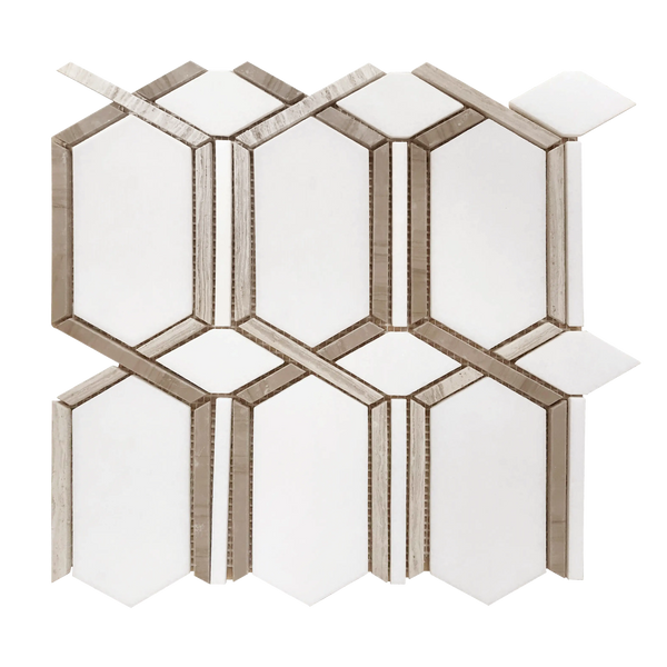 Wooden White with Athens Gray and Thassos Geometric Waterjet Mosaic Tile