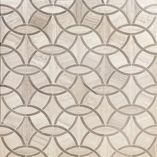 Wooden White & Athens Gray Marble Interlocking Circle Waterjet Mosaic Tile