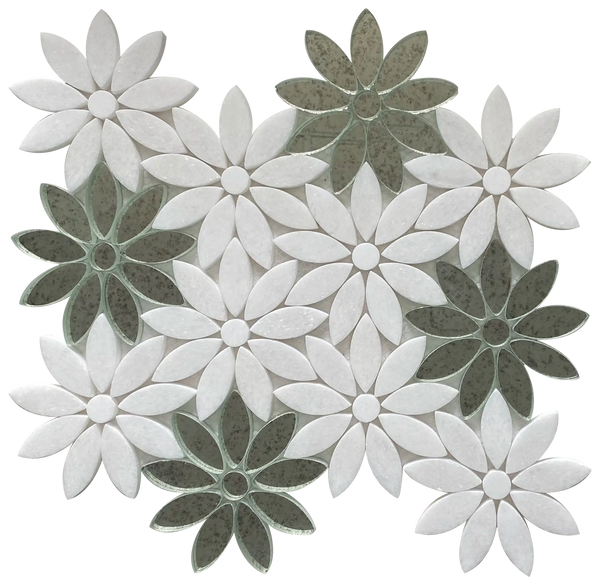 Interlocking Floral with Thassos & Antique Mirror Waterjet Mosaic Tile