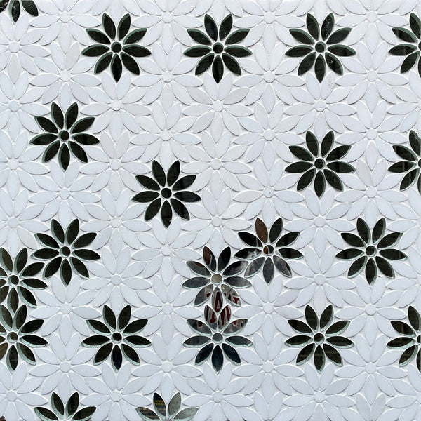 Interlocking Floral with Thassos & Antique Mirror Waterjet Mosaic Tile