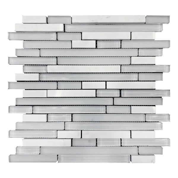 White Staccato Marble & Glass Random Strips Glass Mosaic Tile