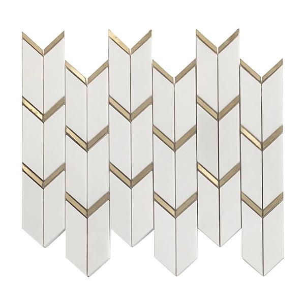 Dolomite White Marble with Arrow Gold Brass Accent Waterjet Mosaic Tile