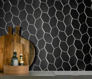 Black Porcelain Mosaic in Interlocking Stretched Hexagon Leaf Pattern