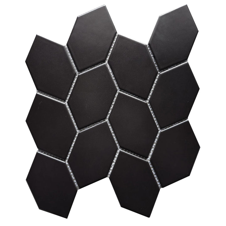 Black Interlocking Stretched Hexagon Leaf Pattern Porcelain Mosaic Tile