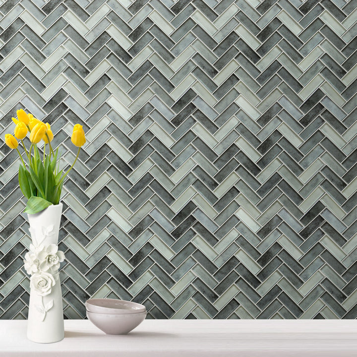 Misty Gray Herringbone Glass Mosaic