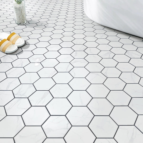 4" Hexagon Porcelain Glazed Statuario Satin Mosaic Tile