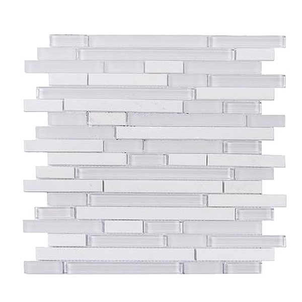 White Staccato Marble & Glass Random Strips Glass Mosaic Tile