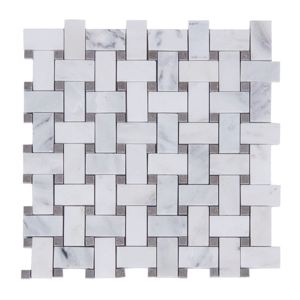 Oriental White + Gray Lady Polished Basketweave Marble Mosaic Tile