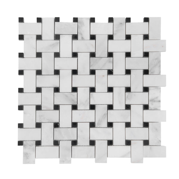 Oriental White + Pure Black Polished Basketweave Marble Mosaic Tile