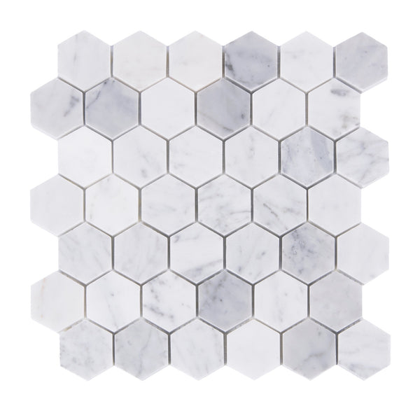 2" Carrara White Hexagon Polished Marble Mosaic Tile