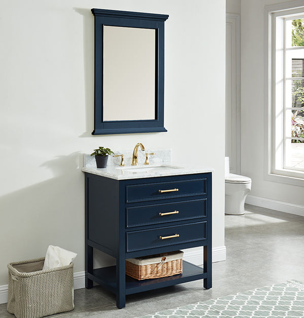 Manhattan Vanity Family Set with Carrara Marble Top - Navy Blue