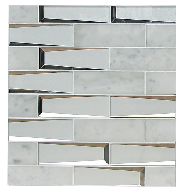 2"x6" Carrara Marble & 3D Glass Mix Glass Mosaic Tile