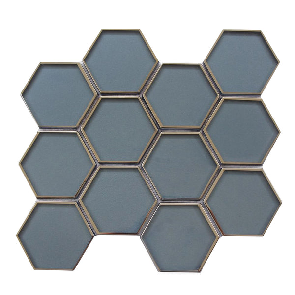 3" Hexagon Dark Blue Glass with Silver Edge Glass Mosaic Tile