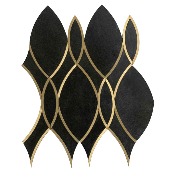 Gold Ribbons Black Porcelain with Gold Metal Accent Waterjet Mosaic Tile