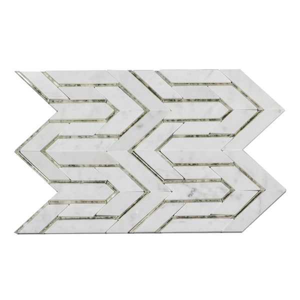 Arrows-Carrara White with Antique Mirror Accents Polished Waterjet Mosaic Tile