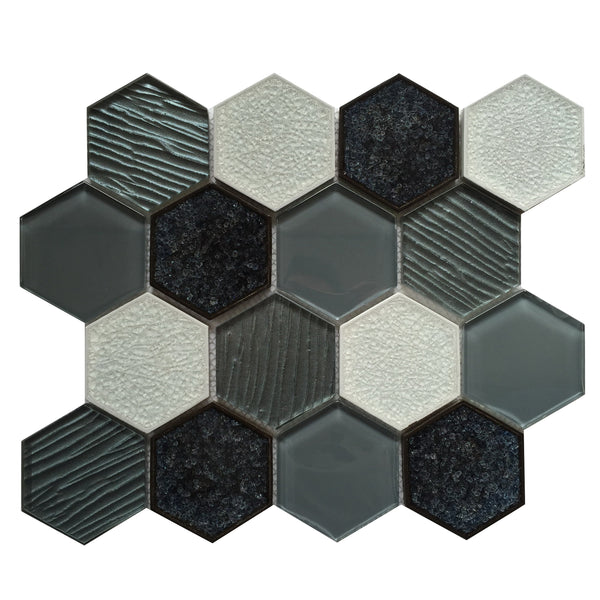 3" Palladian Gray Hex Glass & Porcelain Mosaic Tile