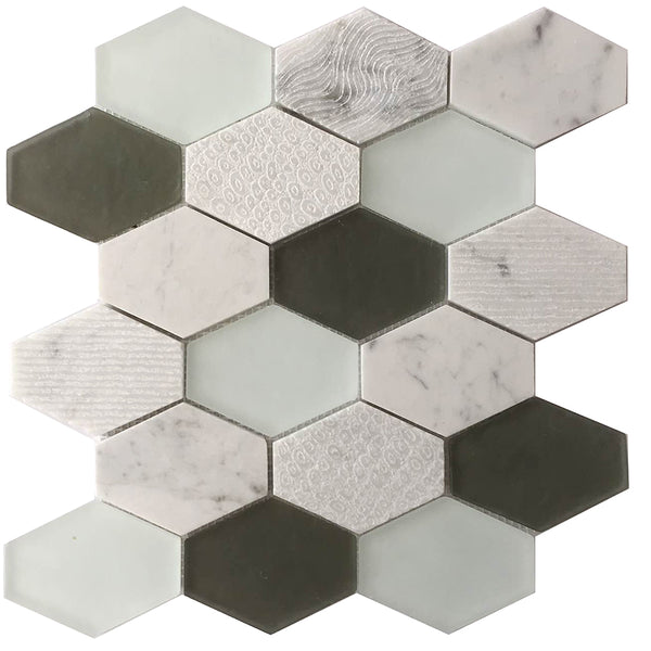 Anthracite Geo Hexagon 3"x4" Sequin Pattern Marble with Glass Mosaic Tile