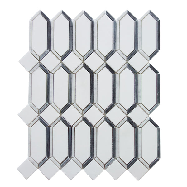 Elongated Hexagon Diamond White & Gray Marble Mosaic Tile