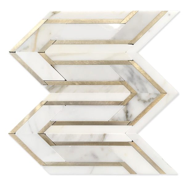 Arrows-Calacatta Gold with Gold Metal Accents Polished Waterjet Mosaic Tile