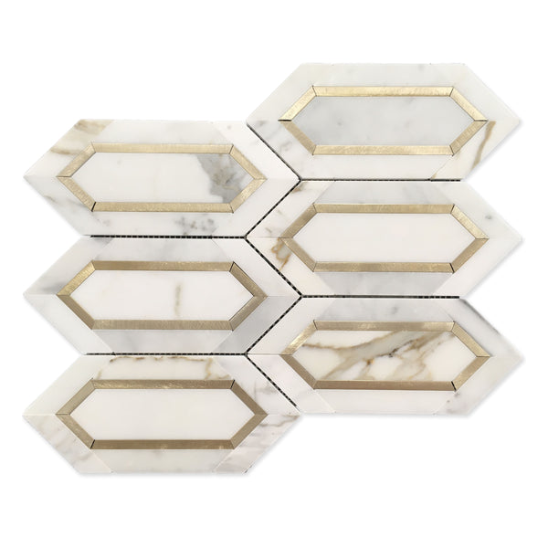 Calacatta Gold with Metal Elongated Hexagon Waterjet Mosaic Tile